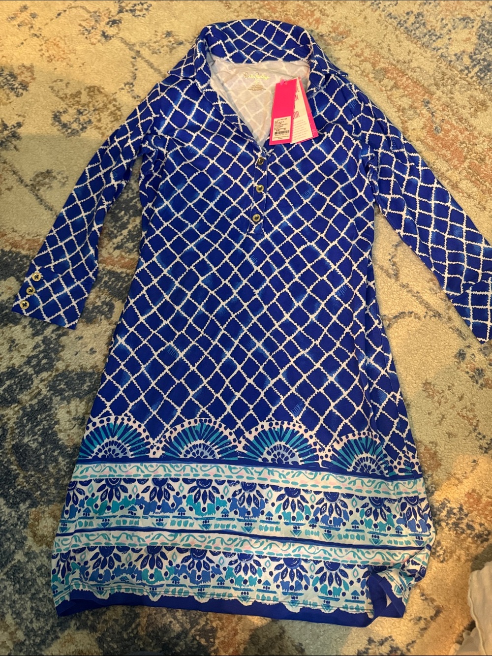 Lilly Pulitzer Blue White Printed Long Sleeve Shift Dress